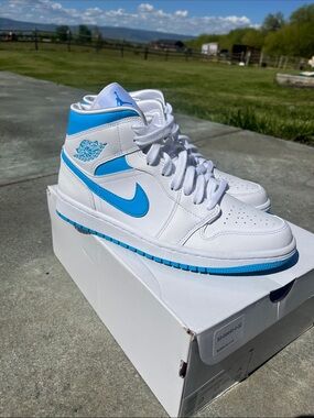 Air Jordan Mid-Top Sneakers in White and Bright Blue